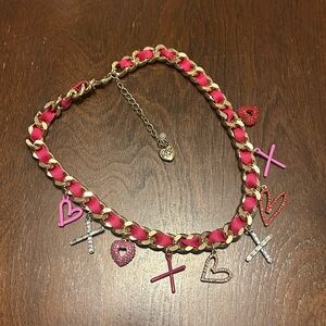 BETSEY JOHNSON Heart XOXO Charm Necklace Rhinestones Red Pink Love Valentine